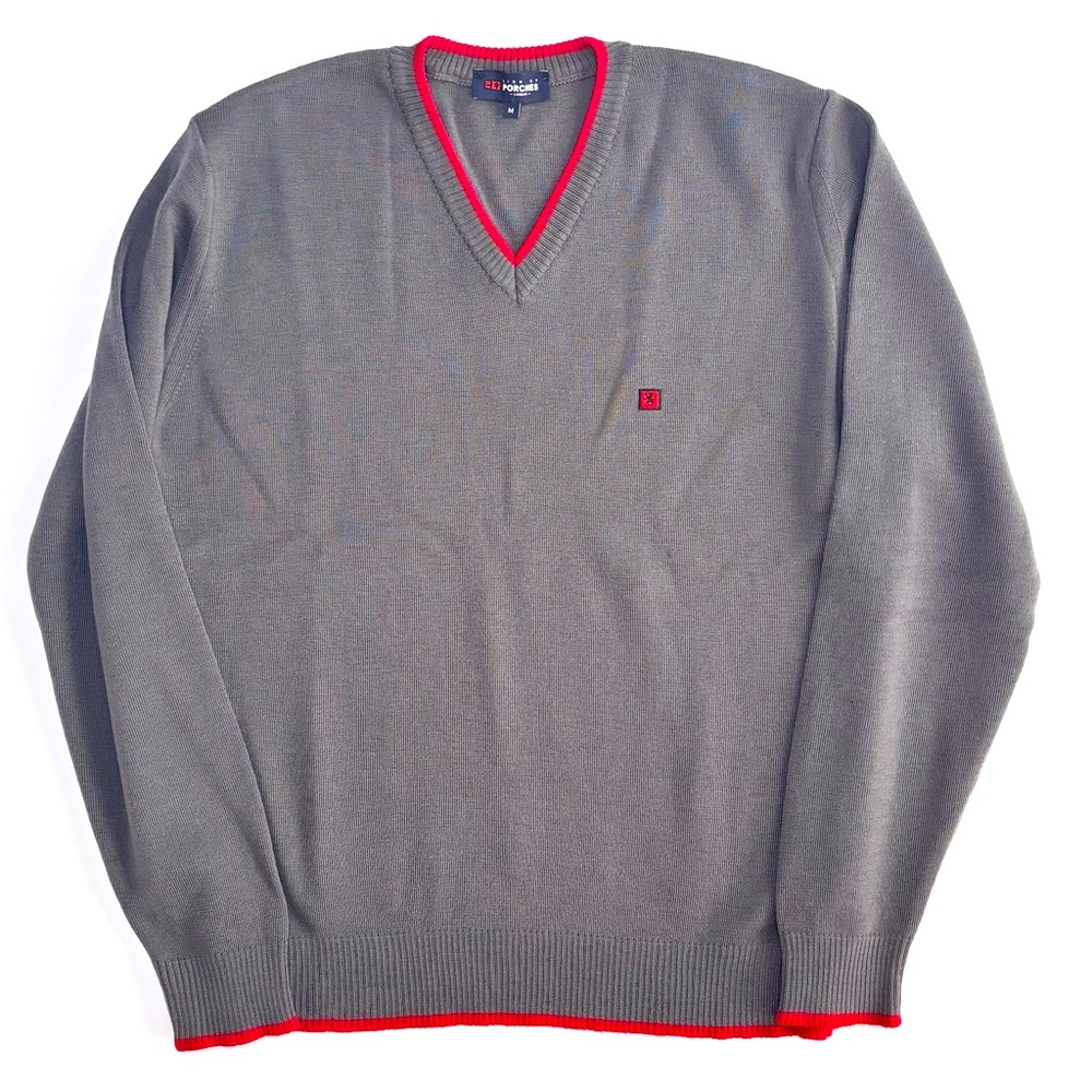 Lion of Porches London Gray Wool V-Neck Sweater with Red Accents Medium
